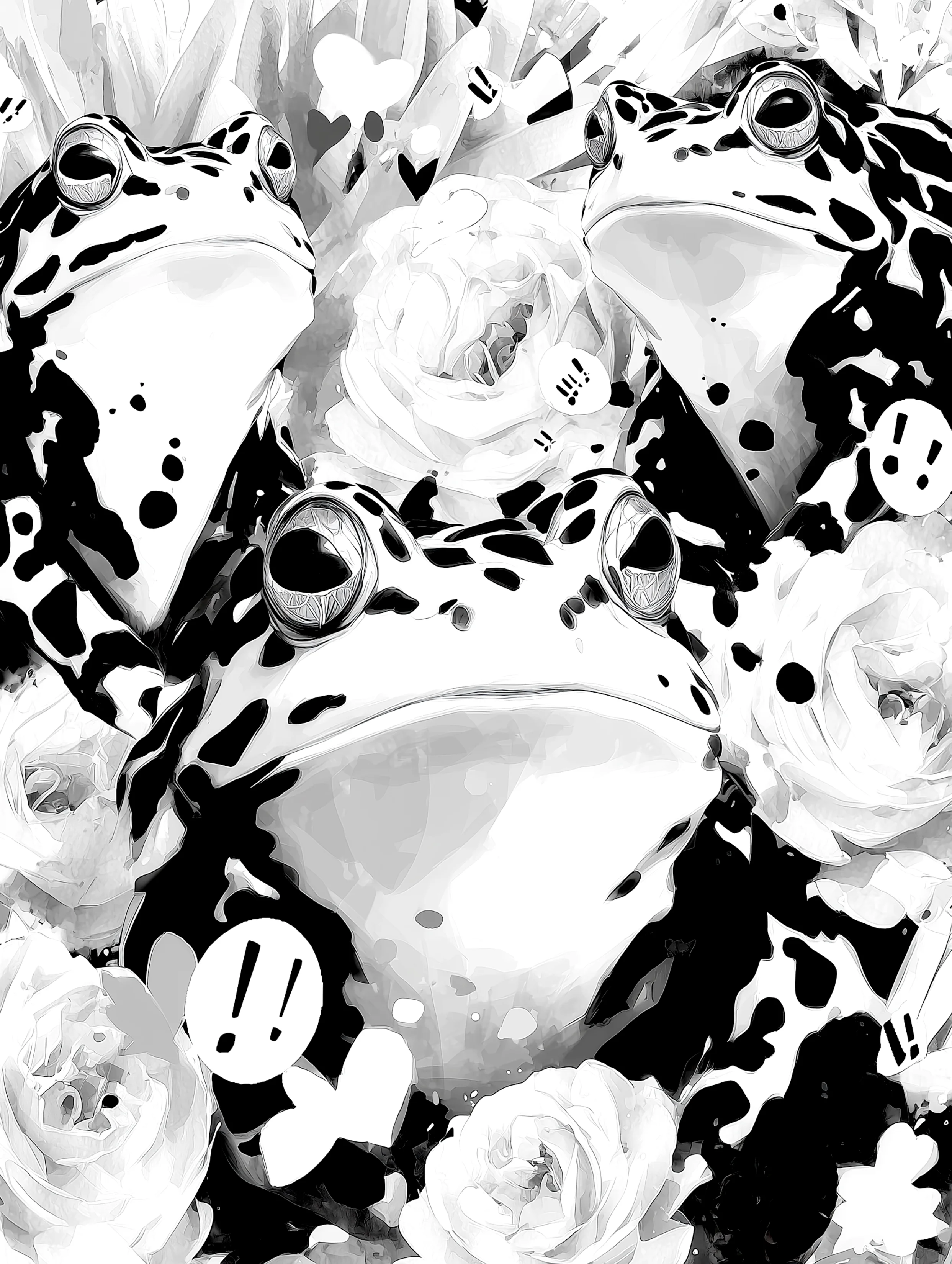 Free printable frog coloring page for adults featuring group of frogs with exclamation points